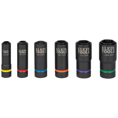 Six 4140 steel coaxial impact sockets standing vertically to display laser-etched SAE size markings and color identification bands.