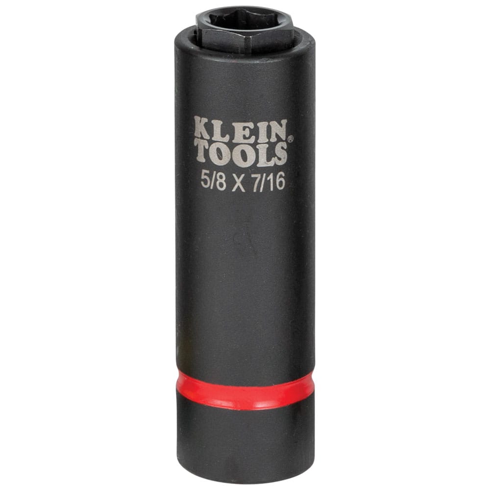 Close-up of the Klein 5/8 by 7/16-inch coaxial impact socket showing laser-etched markings and red visual identification band.