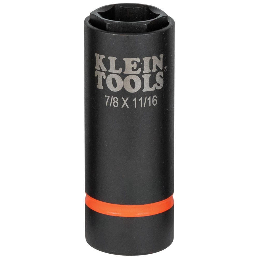 Side view of the Klein 7/8 by 11/16-inch 6-point coaxial impact socket displaying orange identification ring and stamped markings.
