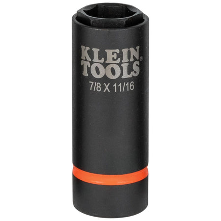 Side view of the Klein 7/8 by 11/16-inch 6-point coaxial impact socket displaying orange identification ring and stamped markings.