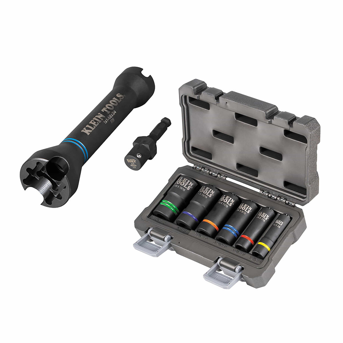 Klein 660KIT1 8-piece utility socket set displaying the 5-in-1 NRHD square socket, 7/16-inch adapter, and 66090 6-piece slotted set.