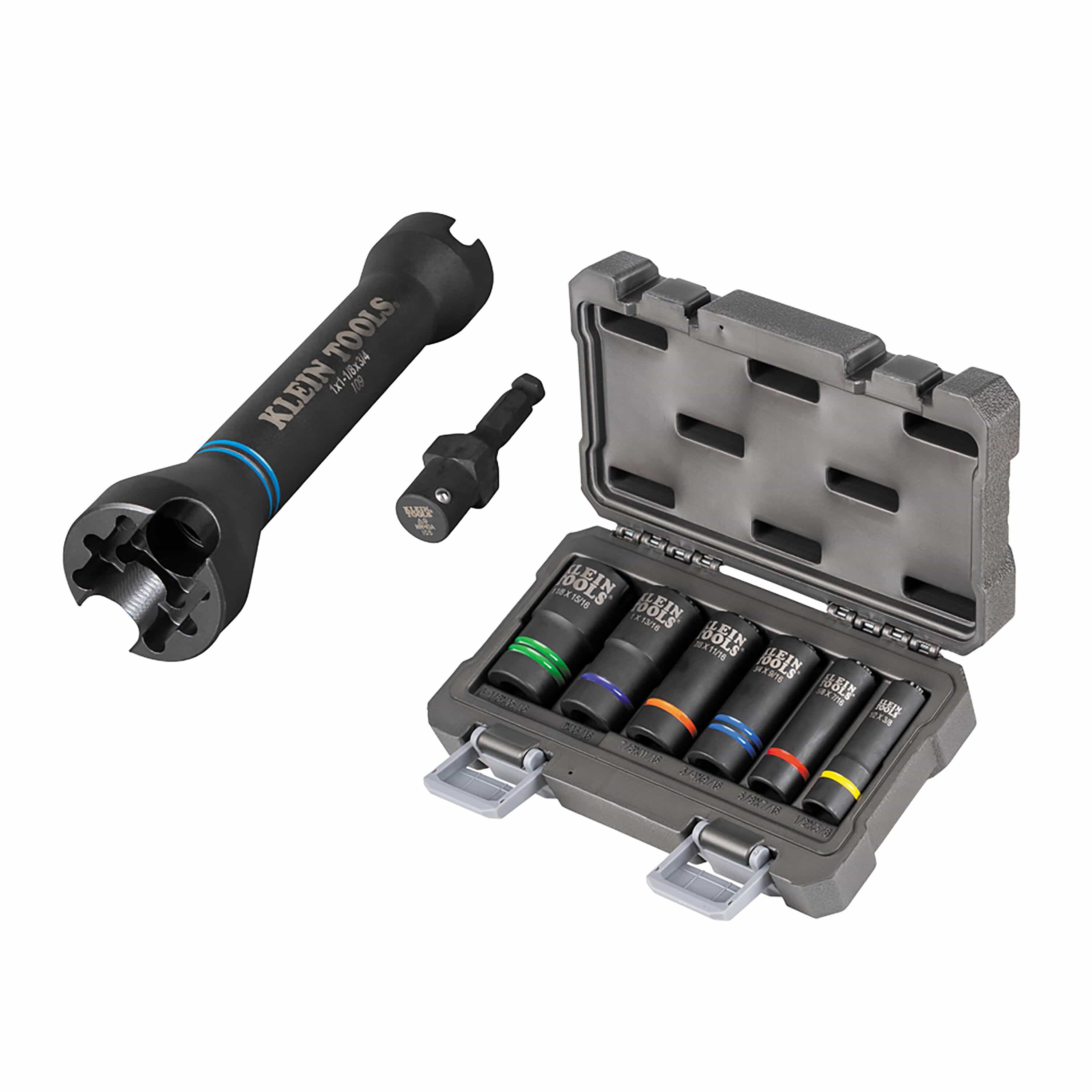 Klein 660KIT1 8-piece utility socket set displaying the 5-in-1 NRHD square socket, 7/16-inch adapter, and 66090 6-piece slotted set.