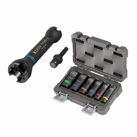 Klein 660KIT1 8-piece utility socket set displaying the 5-in-1 NRHD square socket, 7/16-inch adapter, and 66090 6-piece slotted set.