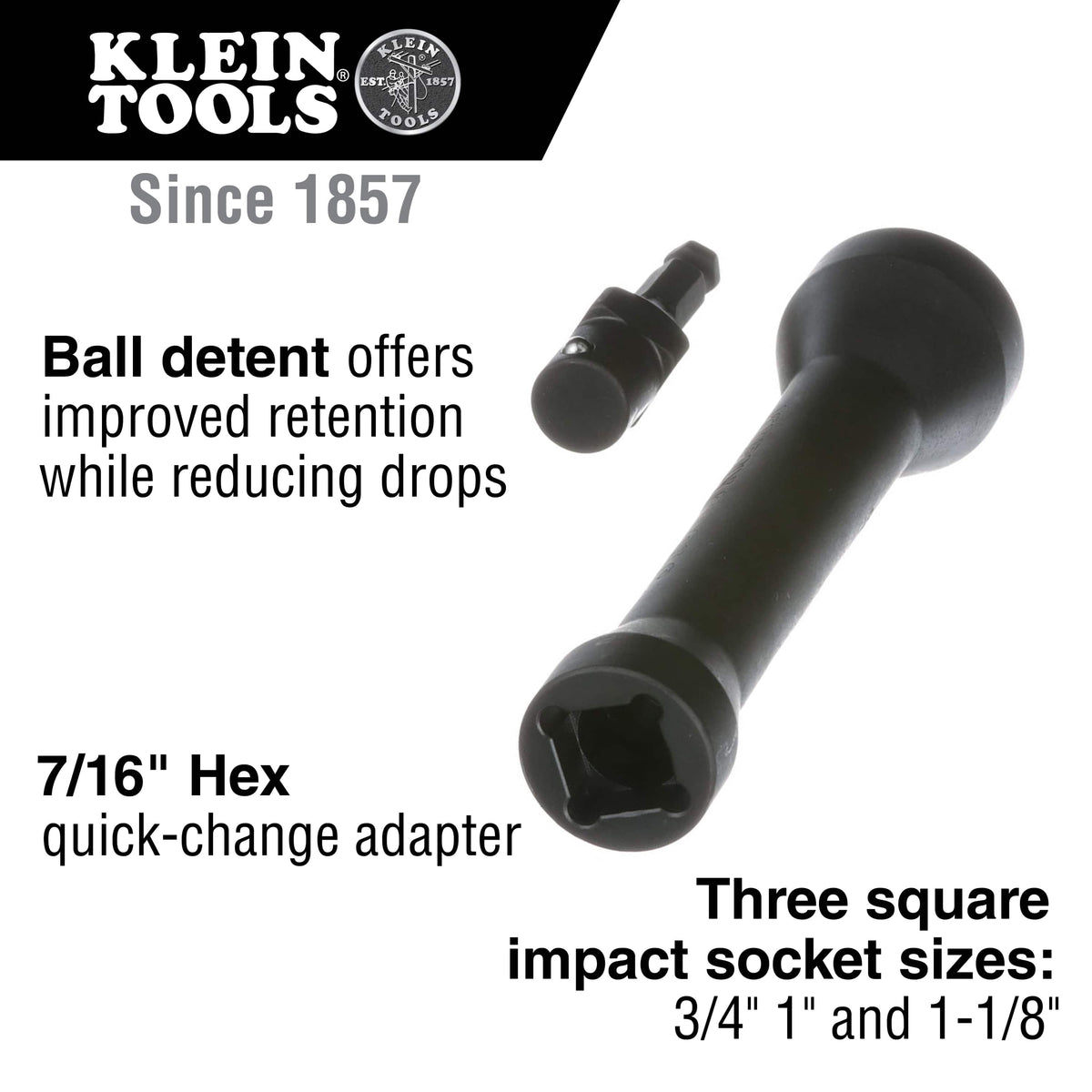 Diagram detailing the NRHD 5-in-1 square socket featuring 3/4, 1, and 1-1/8-inch square sizes, ball detent retention, and a 7/16-inch adapter.