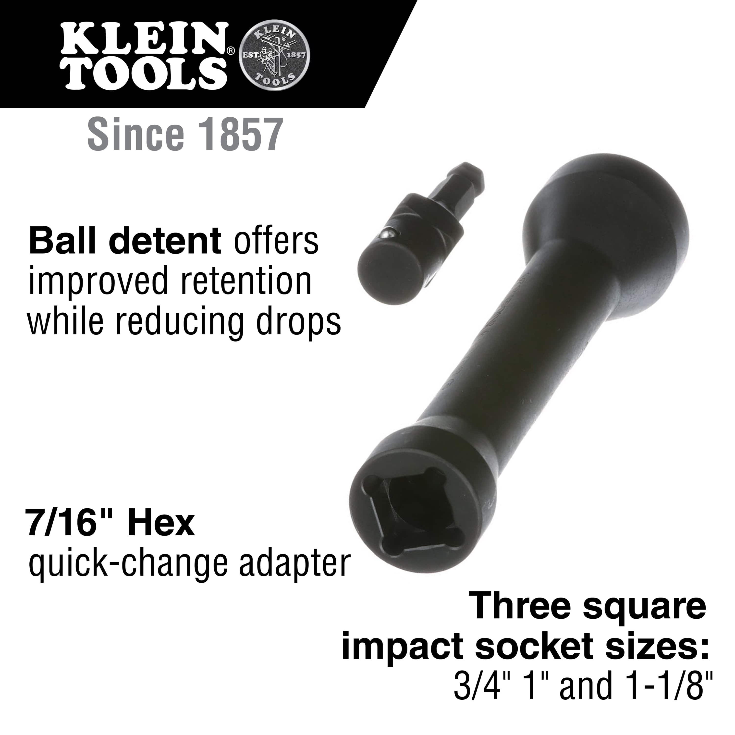 Diagram detailing the NRHD 5-in-1 square socket featuring 3/4, 1, and 1-1/8-inch square sizes, ball detent retention, and a 7/16-inch adapter.