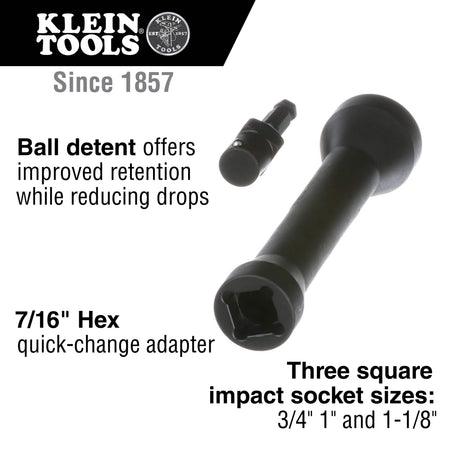 Diagram detailing the NRHD 5-in-1 square socket featuring 3/4, 1, and 1-1/8-inch square sizes, ball detent retention, and a 7/16-inch adapter.