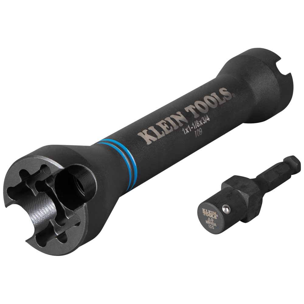 Close-up of the Klein NRHD 5-in-1 square impact socket beside its 7/16-inch quick-change hex extension adapter shank.