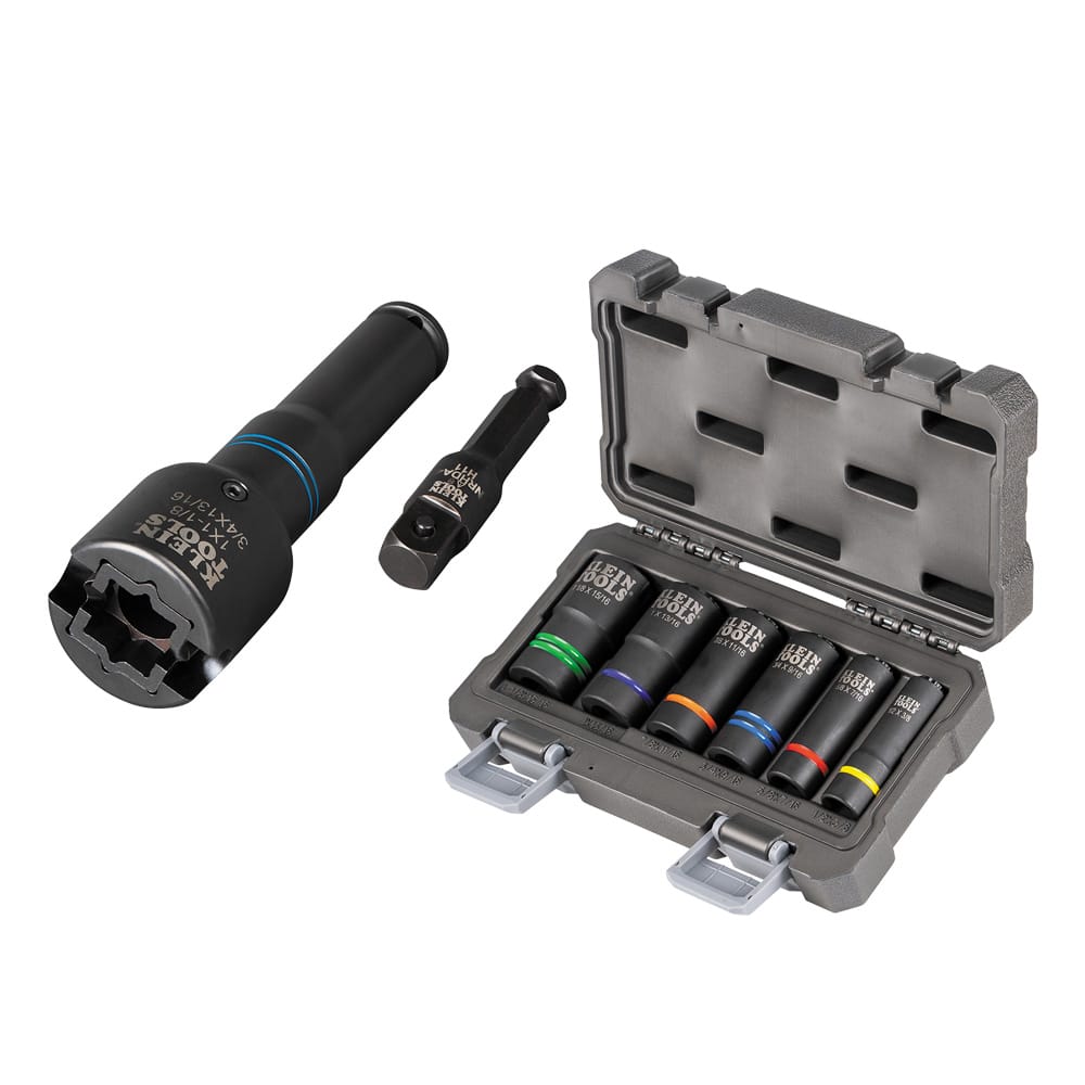 Klein 660KIT2 8-piece utility socket set displaying the 6-in-1 NRHD4 square socket, 7/16-inch adapter, and 66090 6-piece slotted set.