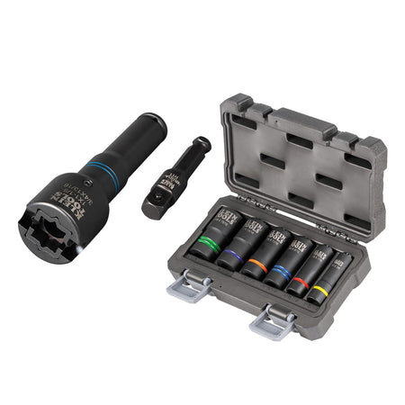 Klein 660KIT2 8-piece utility socket set displaying the 6-in-1 NRHD4 square socket, 7/16-inch adapter, and 66090 6-piece slotted set.