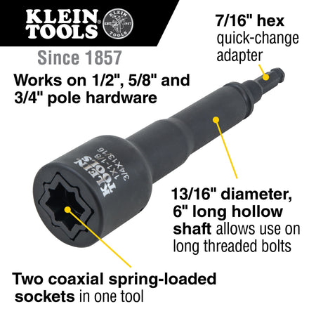 Diagram highlighting the NRHD4 6-in-1 square socket with a 6-inch hollow shaft, 7/16-inch adapter, and 2 coaxial spring-loaded sockets.