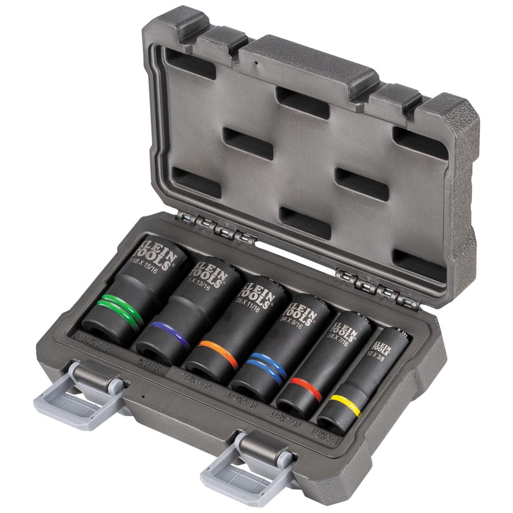 Open molded storage carrying case organizing six 12-point coaxial sockets with laser-etched size callouts from 3/8 to 1-1/8 inch.