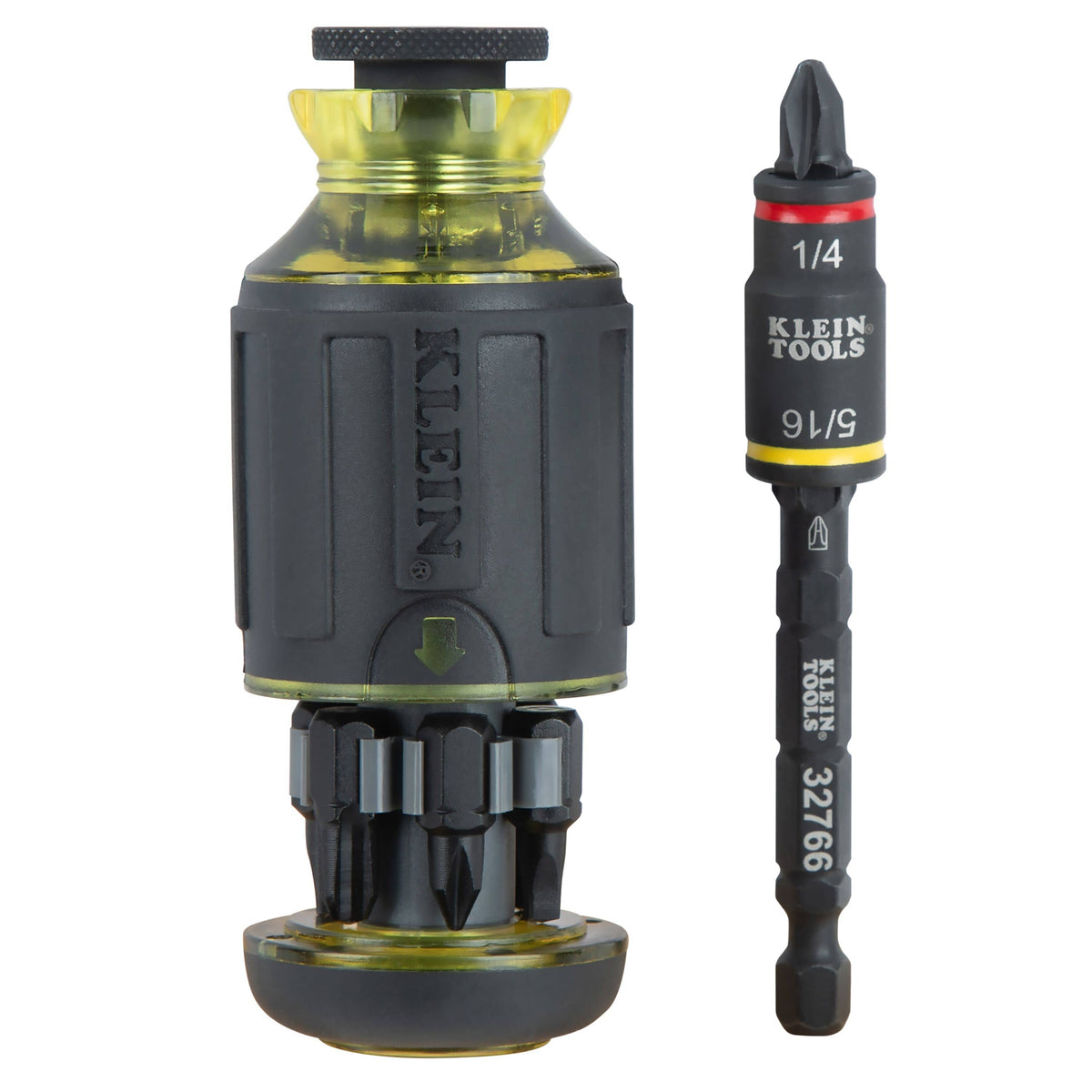 Klein 32308F stubby driver showing open internal storage bay with 7 bits alongside the 1/4 and 5/16-inch magnetic flip socket shaft.