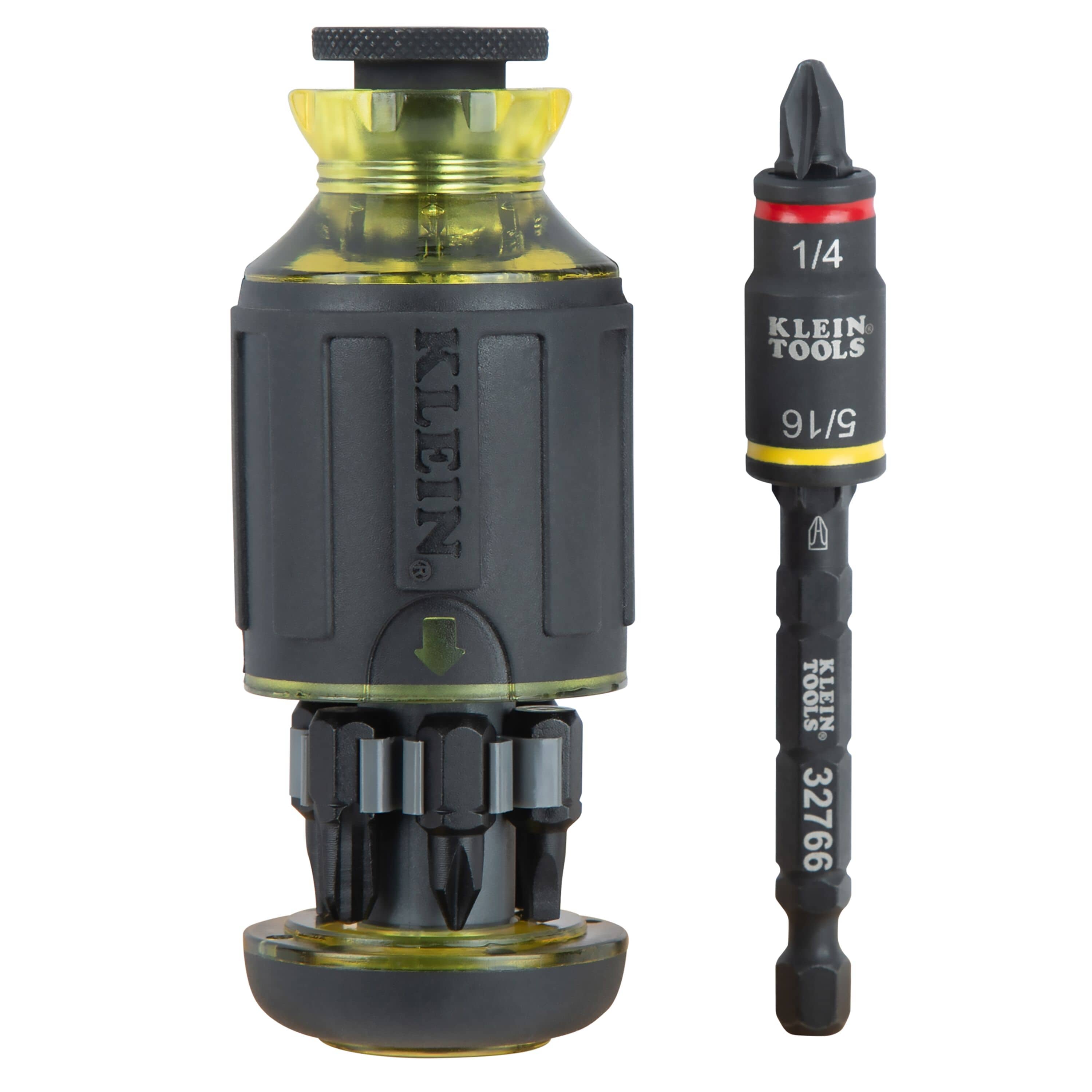 Klein 32308F stubby driver showing open internal storage bay with 7 bits alongside the 1/4 and 5/16-inch magnetic flip socket shaft.