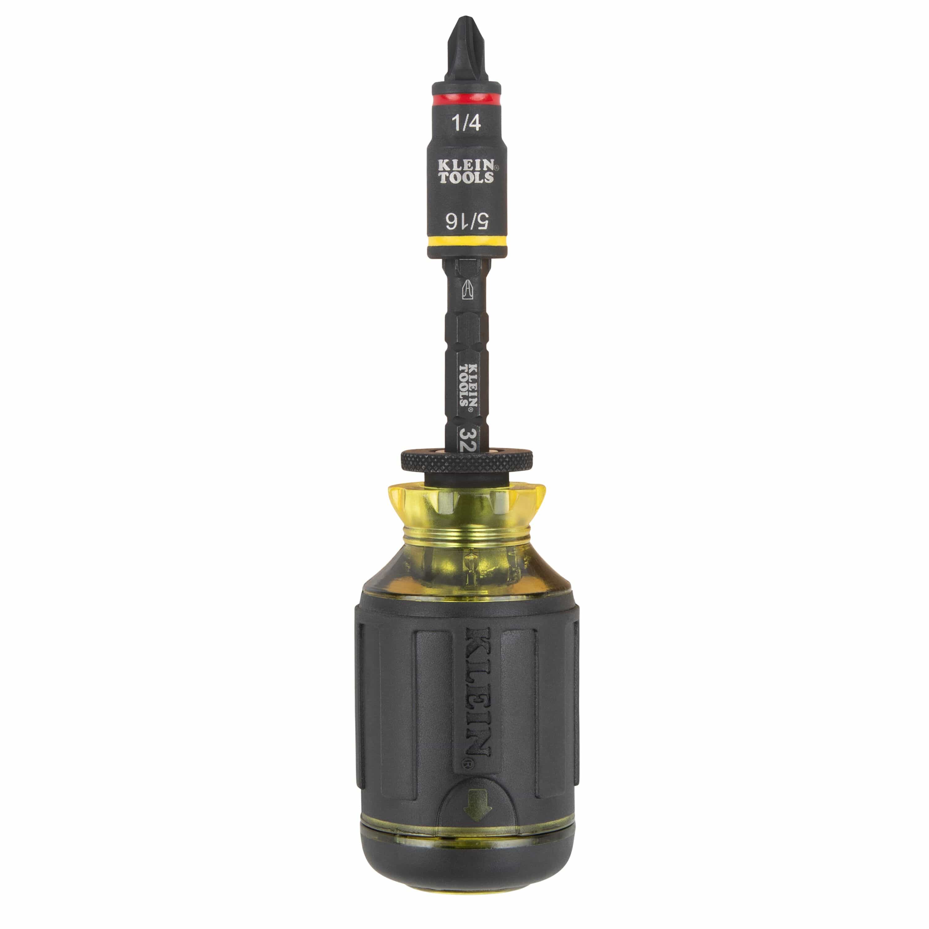 Upright view of the assembled Klein 32308F 10-in-1 stubby screwdriver ready for electrical cabinet and HVAC servicing.