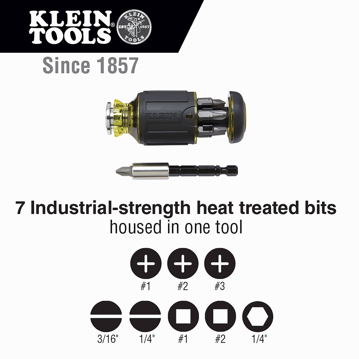 Chart displaying 7 heat-treated insert bits including #1, #2, #3 Phillips, 3/16 and 1/4-inch slotted, and #1 and #2 square drives.