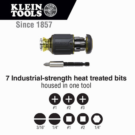 Chart displaying 7 heat-treated insert bits including #1, #2, #3 Phillips, 3/16 and 1/4-inch slotted, and #1 and #2 square drives.