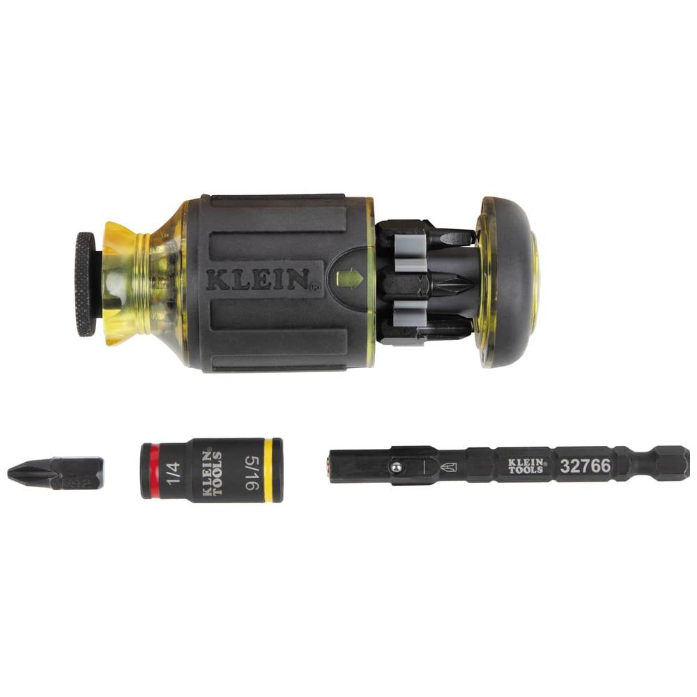 Klein 32308F stubby driver disassembled to show the handle bit storage, insert bit, flip socket sleeve, and quick-connect hex shaft.