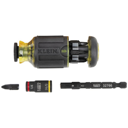 Klein 32308F stubby driver disassembled to show the handle bit storage, insert bit, flip socket sleeve, and quick-connect hex shaft.