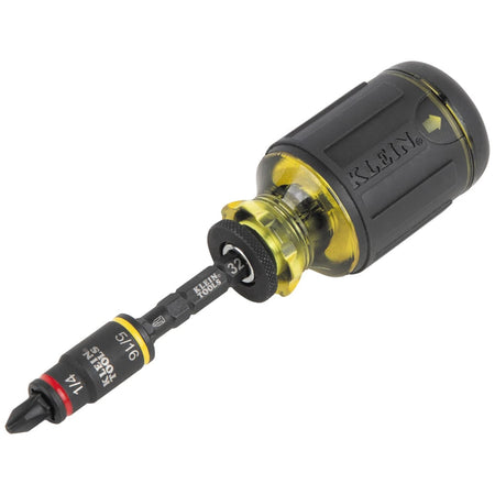 Perspective view of the assembled Klein 32308F stubby driver fitted with a Phillips bit for low-clearance manual driving.