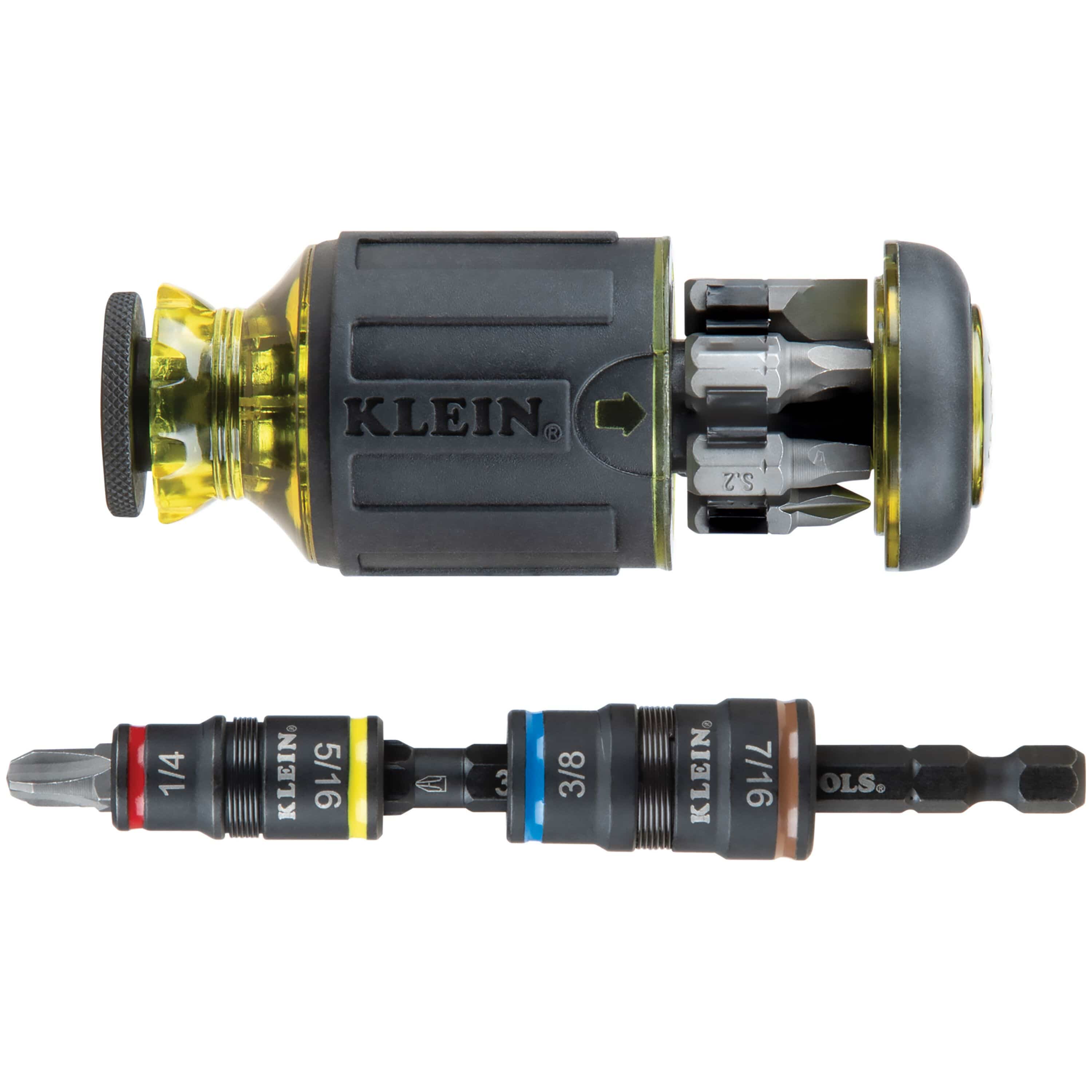 Klein 32308HD 12-in-1 stubby driver handle showing exposed internal bit storage alongside a detachable shaft with SAE flip sockets and a Phillips bit.