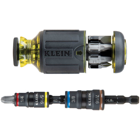 Klein 32308HD 12-in-1 stubby driver handle showing exposed internal bit storage alongside a detachable shaft with SAE flip sockets and a Phillips bit.