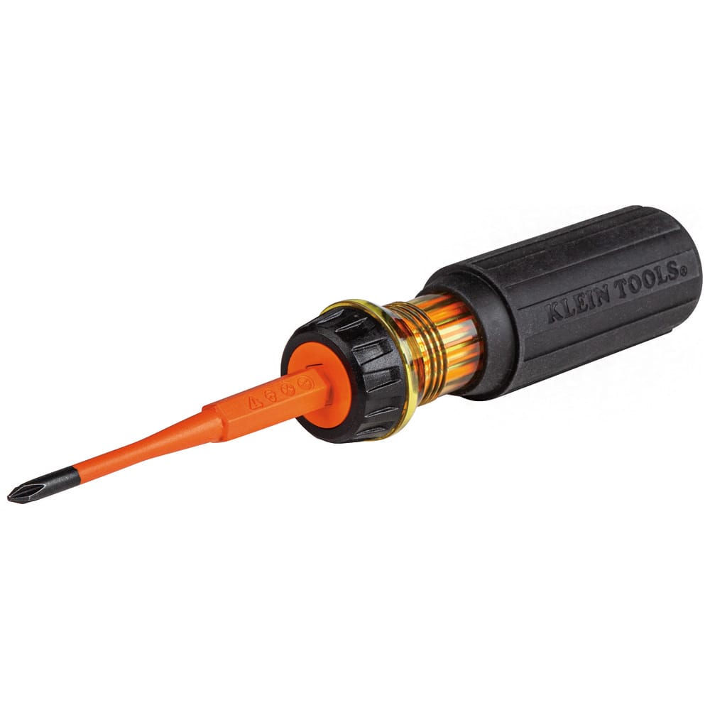 Klein 32286 insulated 2-in-1 screwdriver showing the bright orange dielectric coating that provides 1000V shock protection near live components.