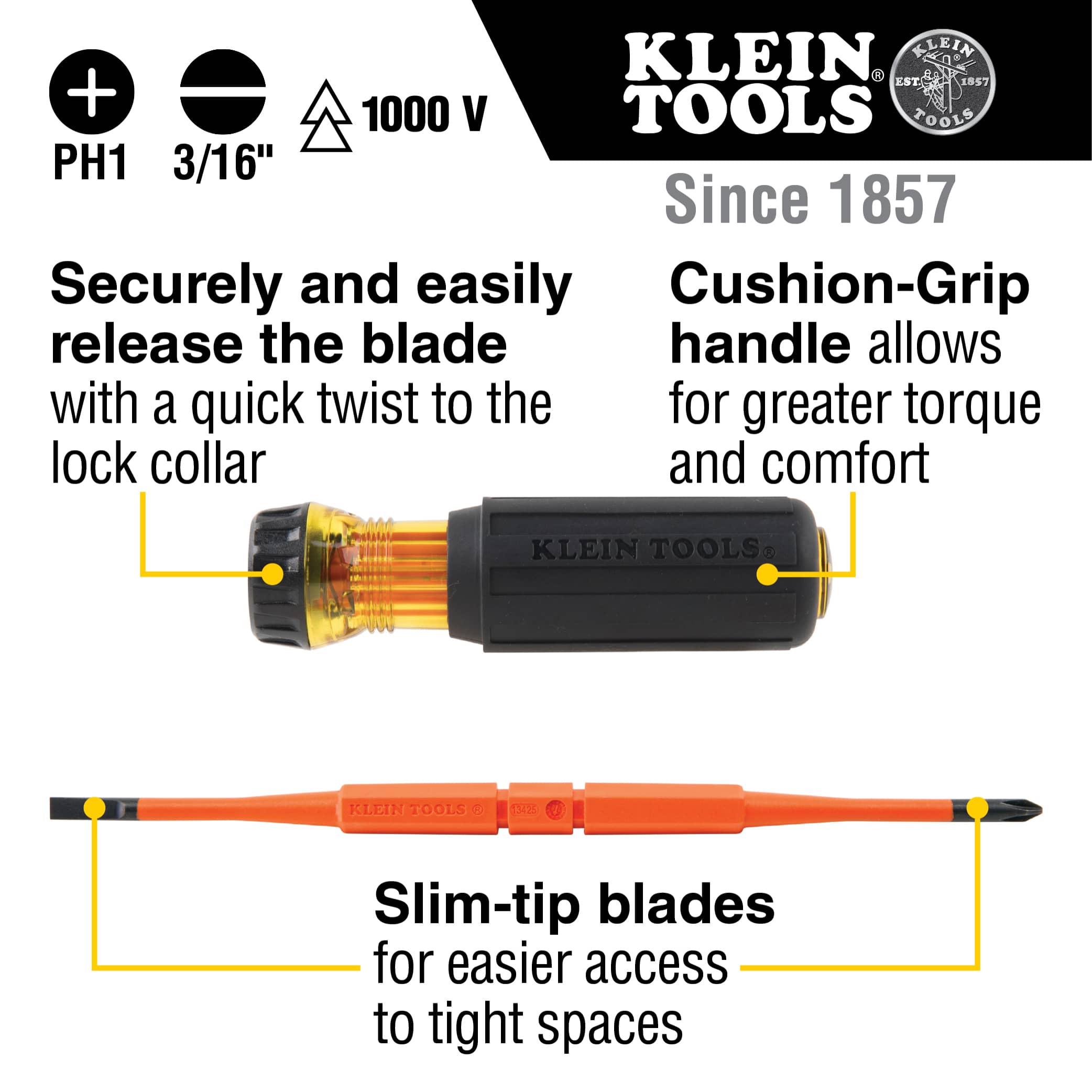Diagram detailing the 1000V ASTM F1505 rating, twist-lock collar release, Cushion-Grip handle, and slim-tip #1 Phillips and 3/16-inch slotted blades.