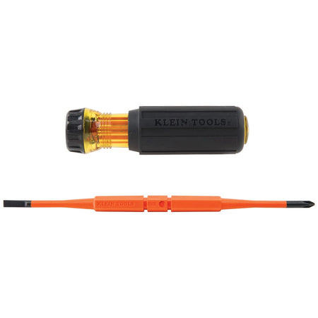 Klein 32286 Cushion-Grip handle separated from the double-ended slim-tip insulated shaft to highlight the quick-release lock collar.