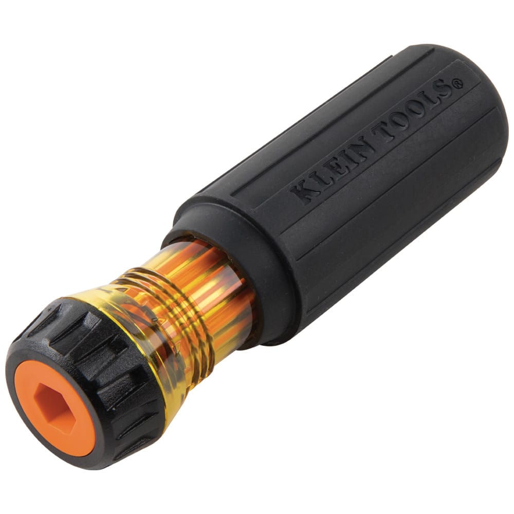 End-view of the Klein 32286 insulated handle showing the hex receptacle that securely locks double-ended flip blades in place.