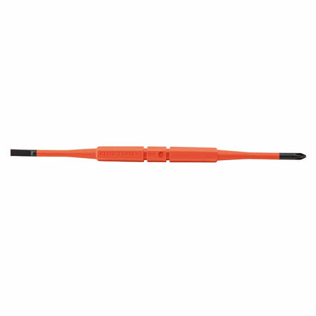 Double-ended 1000V insulated flip-blade featuring a #1 Phillips tip on one end and a 3/16-inch slotted tip on the opposite end.