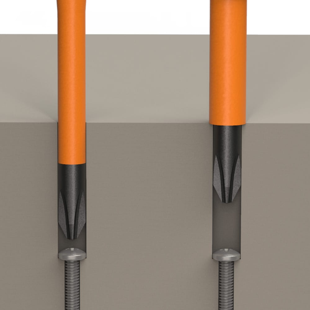 Side-by-side comparison showing how a slim-tip insulated blade fits deep inside terminal block recesses without catching on outer insulation.