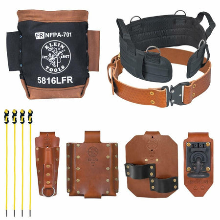 Overhead view of all eight pieces included in the Klein Tools Ironworker Tool Belt System, including the quick-release leather belt, Pro-Pad, bolt bag, tool holders, and tension straps.