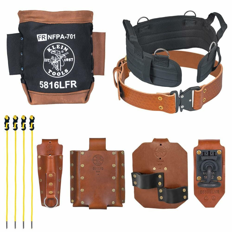 Overhead view of all eight pieces included in the Klein Tools Ironworker Tool Belt System, including the quick-release leather belt, Pro-Pad, bolt bag, tool holders, and tension straps.