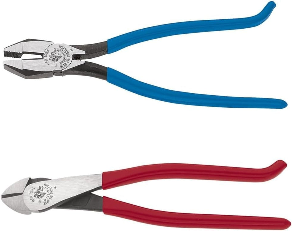 Studio view of the Klein Tools 2-piece ironworker's pliers set featuring blue-handled side cutters and red-handled angled diagonal cutters.