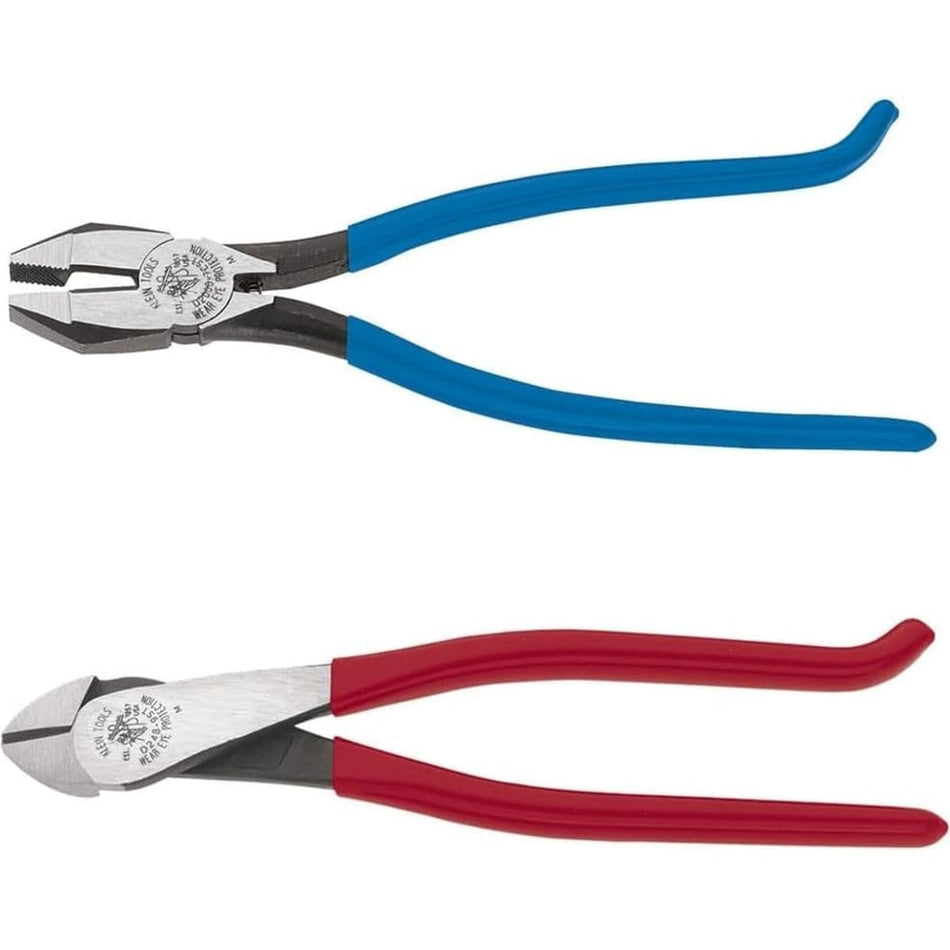 Studio view of the Klein Tools 2-piece ironworker's pliers set featuring blue-handled side cutters and red-handled angled diagonal cutters.