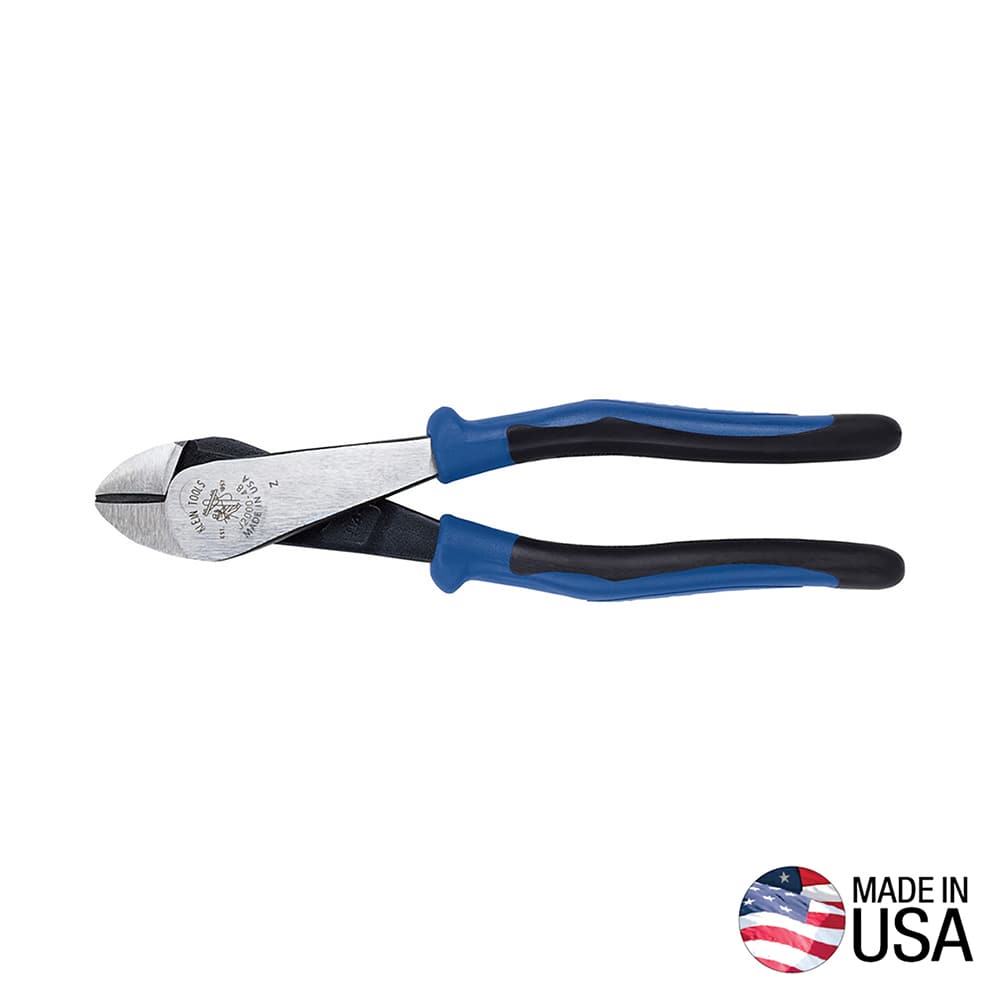 A direct profile view of the Klein Tools J200048 heavy-duty diagonal cutting pliers. The image showcases the high-leverage angled head design, the dual-material blue and black Journeyman handles, and the iconic Klein logo stamped on the tool steel, alongside a Made in USA badge.