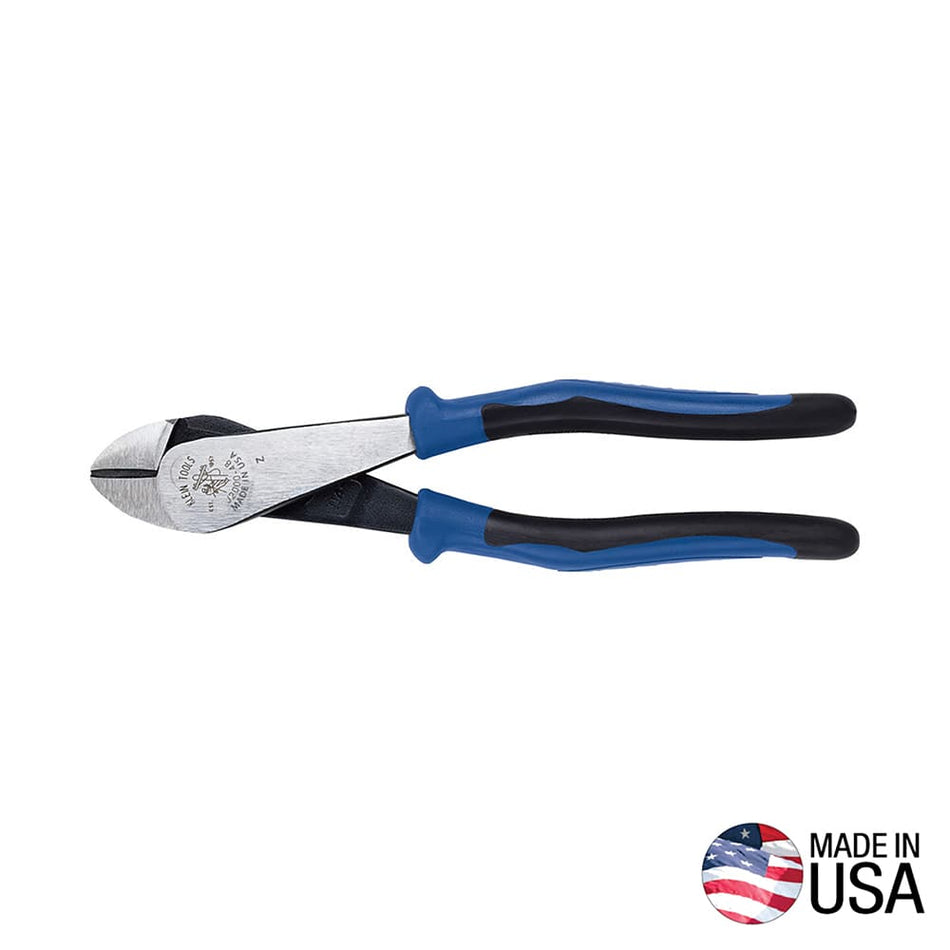 A direct profile view of the Klein Tools J200048 heavy-duty diagonal cutting pliers. The image showcases the high-leverage angled head design, the dual-material blue and black Journeyman handles, and the iconic Klein logo stamped on the tool steel, alongside a Made in USA badge.