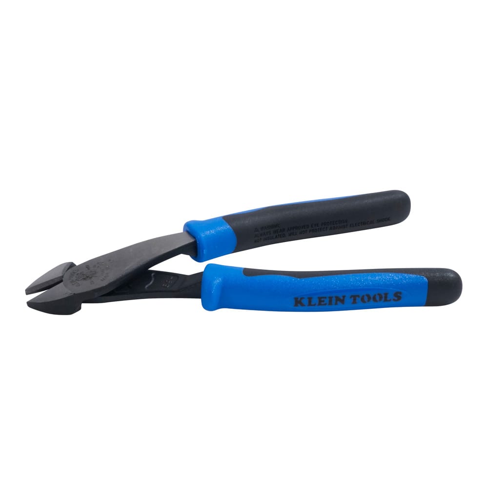 A perspective view of the Klein Tools 8-inch diagonal cutters lying on a white surface. The shot highlights the ergonomic contouring of the Journeyman handles and the professional black oxide and polished steel finish of the high-leverage wire cutting tool.