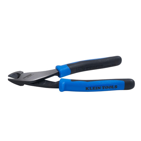A side profile of the Klein J200048 heavy-duty pliers showing the Journeyman 2000 Series branding etched into the steel. The image emphasizes the robust build quality of the angled head and the specialized handle tempering designed to absorb the snap when cutting hardened wire.