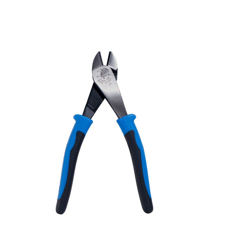 An open-jaw view of the Klein Tools diagonal cutting pliers from the front. This angle displays the sharp, induction-hardened cutting edges and the high-leverage rivet placement designed to provide 36 percent greater cutting power for ACSR and screws.