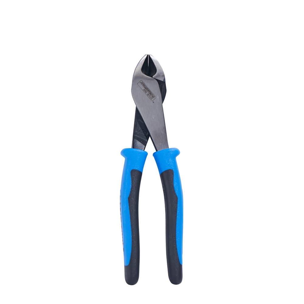 A front perspective of the Klein J200048 pliers with the jaws closed. The image highlights the precise alignment of the cutting knives and the slim, angled head profile that allows for flush cutting in restricted industrial environments.