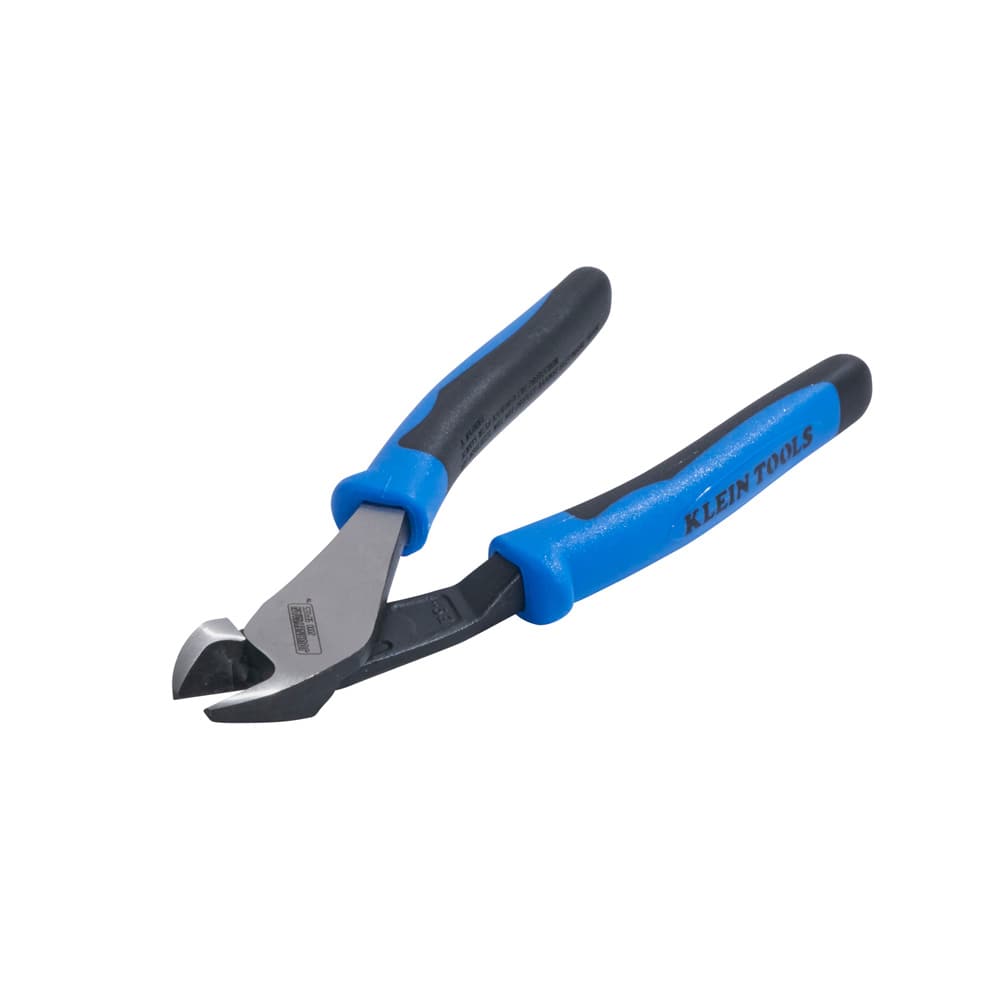 A high-angle perspective view of the open Klein diagonal cutters. The image showcases the depth and strength of the beveled jaws, illustrating the tool's capacity to handle heavy-duty materials like nails and hardened steel wire.