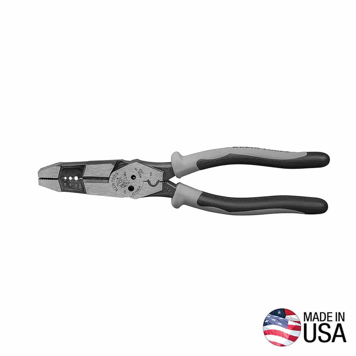 Klein Tools J2158CR hybrid pliers with wire stripper and crimper shown in a full horizontal layout against a white background, displaying the high-leverage drop-forged steel frame body and dual-material black and gray Journeyman comfort grip handles alongside a circular Made in USA validation badge.