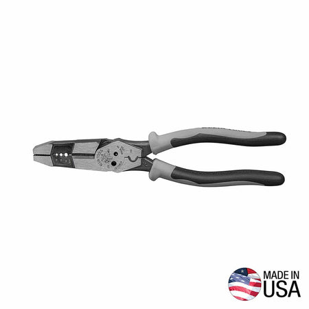 Klein Tools J2158CR hybrid pliers with wire stripper and crimper shown in a full horizontal layout against a white background, displaying the high-leverage drop-forged steel frame body and dual-material black and gray Journeyman comfort grip handles alongside a circular Made in USA validation badge.