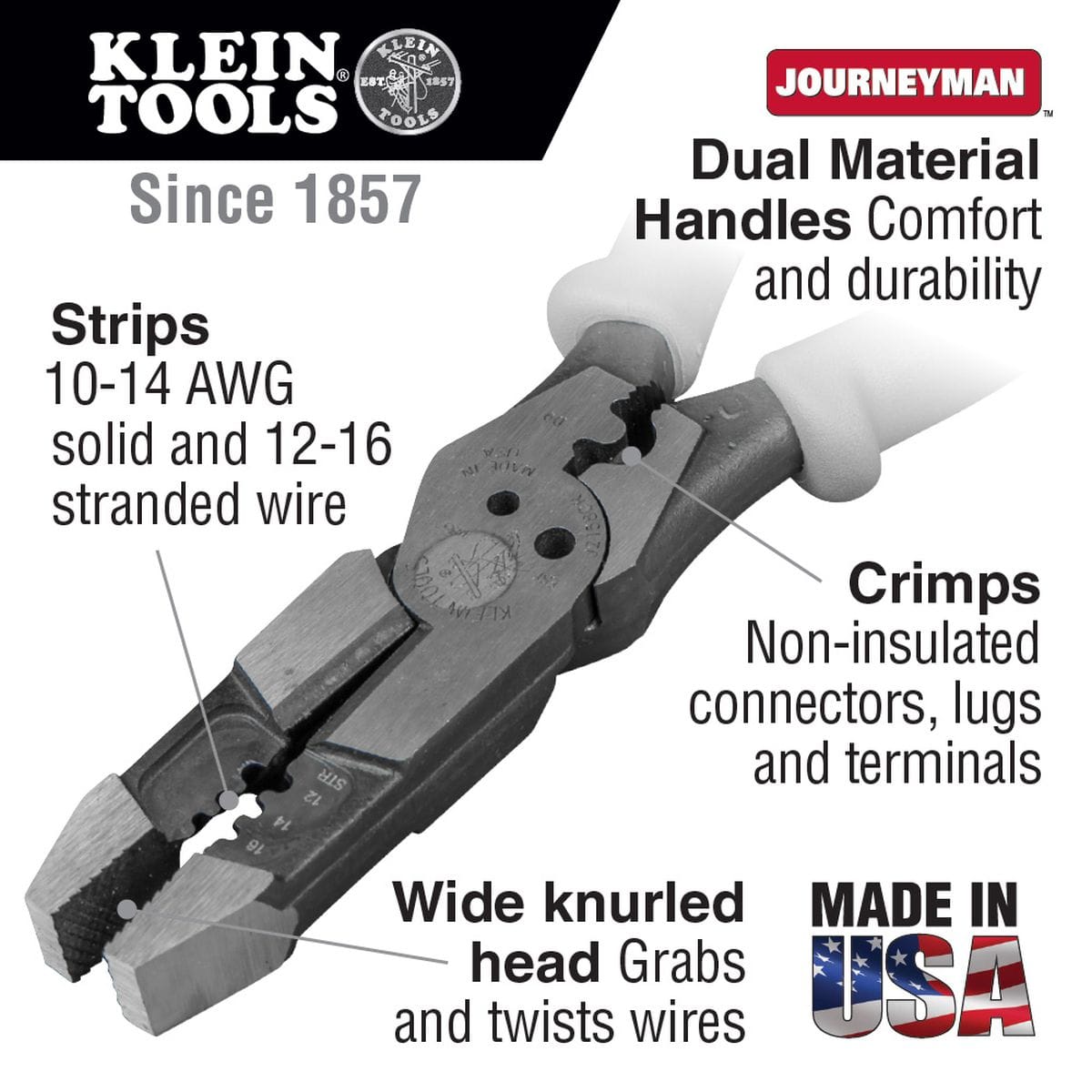 Klein Tools multi-purpose hybrid tool feature infographic highlighting key technical specifications, pointing out the specialized wire stripping zones that strip 10-14 AWG solid and 12-16 AWG stranded wire, a dedicated non-insulated connector crimper nest, a wide knurled New England head designed to grab and twist wires, and durable dual-material handles.