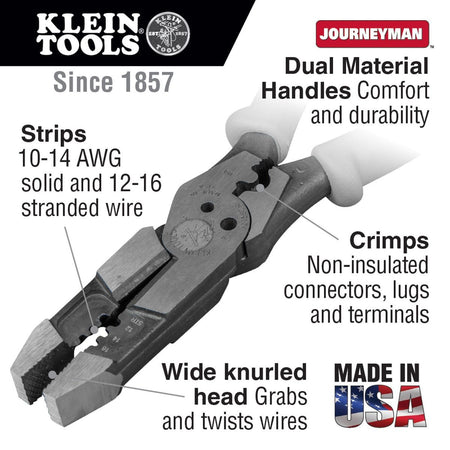 Klein Tools multi-purpose hybrid tool feature infographic highlighting key technical specifications, pointing out the specialized wire stripping zones that strip 10-14 AWG solid and 12-16 AWG stranded wire, a dedicated non-insulated connector crimper nest, a wide knurled New England head designed to grab and twist wires, and durable dual-material handles.