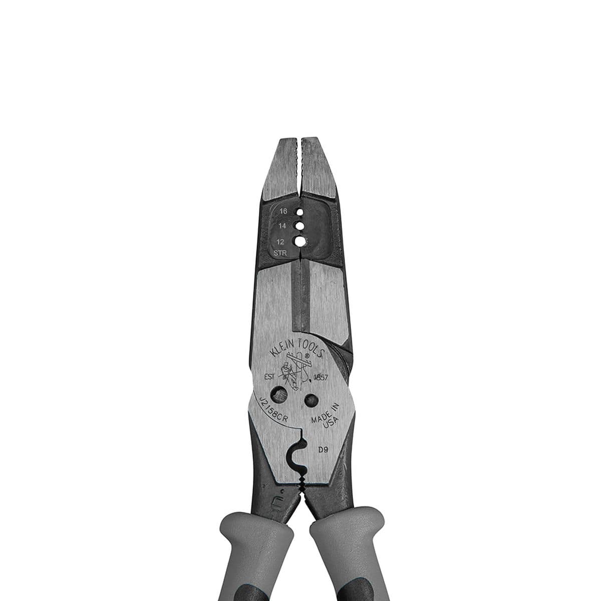 A direct vertical top-down view of the front face of the hybrid plier head assembly, detailing the wide serrated cross-hatched nose, laser-etched jaw wire gauge markings for 12 to 16 stranded conductors, the classic company logo stamp, and the robust hot-riveted pivot joint configuration.