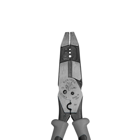 A direct vertical top-down view of the front face of the hybrid plier head assembly, detailing the wide serrated cross-hatched nose, laser-etched jaw wire gauge markings for 12 to 16 stranded conductors, the classic company logo stamp, and the robust hot-riveted pivot joint configuration.