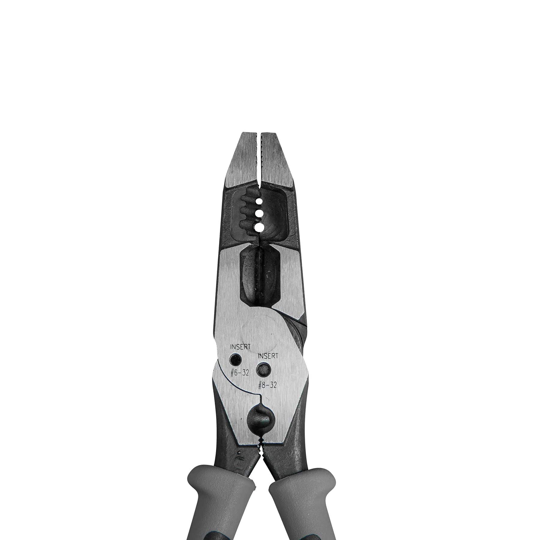 A direct vertical top-down view of the reverse side of the hybrid plier head assembly, highlighting the precision-bored 6-32 and 8-32 threaded bolt shearing ports, clean steel frame lines, and the lower non-insulated terminal crimping die nest located right above the handle transition zones.