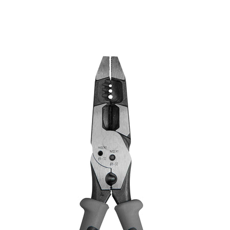 A direct vertical top-down view of the reverse side of the hybrid plier head assembly, highlighting the precision-bored 6-32 and 8-32 threaded bolt shearing ports, clean steel frame lines, and the lower non-insulated terminal crimping die nest located right above the handle transition zones.